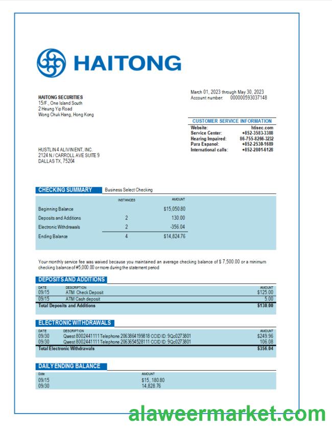 Haitong Securities business bank statement Word and PDF template